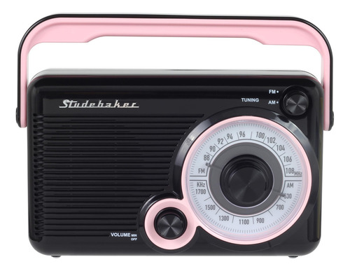Studebaker Sb2002pb - Radio Portátil Am/fm Con Conector Para Auriculares Y Conector Auxiliar Con Alimentación Ca/cc (rosa/negro)