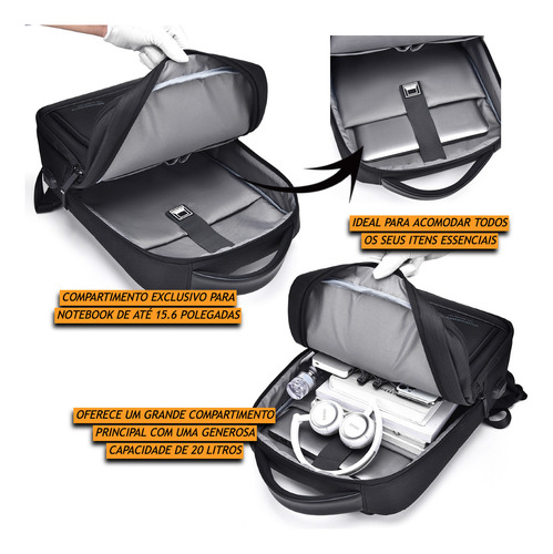 Mochila Impermeável Resistente Para Notebook De 15.6 Polegadas Com Compartimentos E Entrada Usb Cor Preto