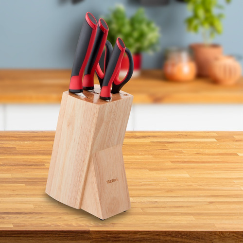 Juego bloque de cuchillos Comfort set completo rojo mas bloque cuchillo chef de 20 cm chef de 15 cm pelador de 9 cm y tijeras t-fal K2219014