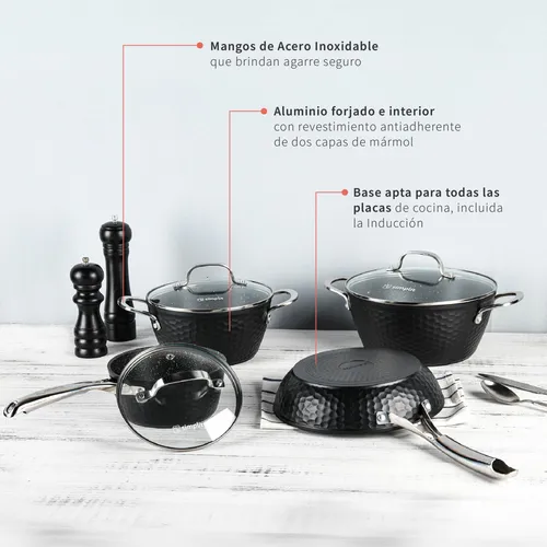 Pack Bateria Copper 7pz + Set 12 Utensilios Negro Simplit