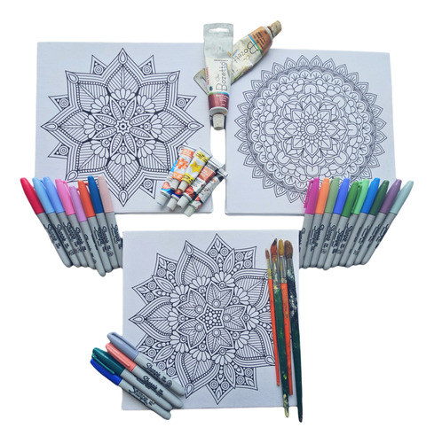 Lienzo Arte De Mandalas Para Pintar Set X 3 De 26x26cm