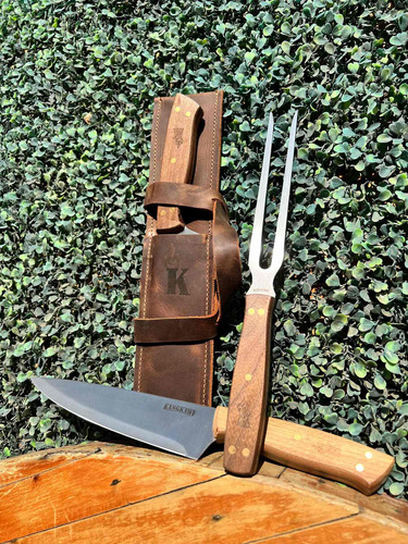 Set Parrillero Portable Cuchillo + Tenedor + Funda Cuero Pro
