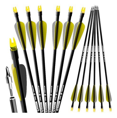 06 Flechas Arco E Flecha Fibercarbon Drone + 10 Alvos Fita Cor Amarelo