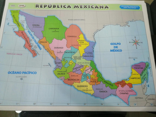 Mapa Mural Color  Republica Mexicana Didactico Con Nombres