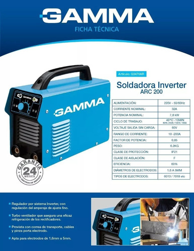 Imagen 3 de 5 de Soldadora Eléctrica Inverter Arc 200 Gamma 200 Amp - 5mm