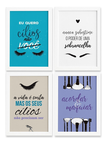 Kit Quadro Decorativo Maquiagem Frases Moldura Branca 4un 33