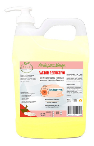 Aceite Para Masajes Reductivo 4 Litros Con Dosificador Sane