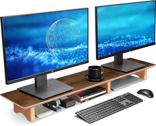 Large Dual Monitor Stand Riser - Solid Wood Desk Shelf