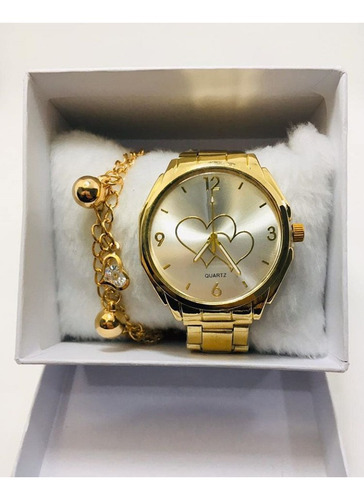 Kit Relógio Dourado + Pulseira Feminino, Acompanha A Caixa