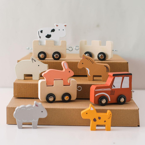 Juego De Tren De Animales De Madera, Bloques Apilables De