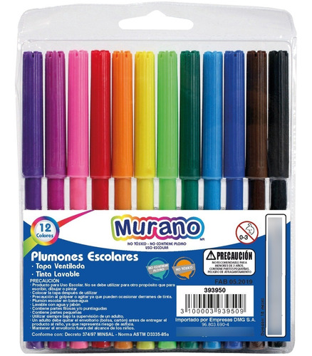 Plumon Marcador Escolar 12 Colores Punta Fina Murano