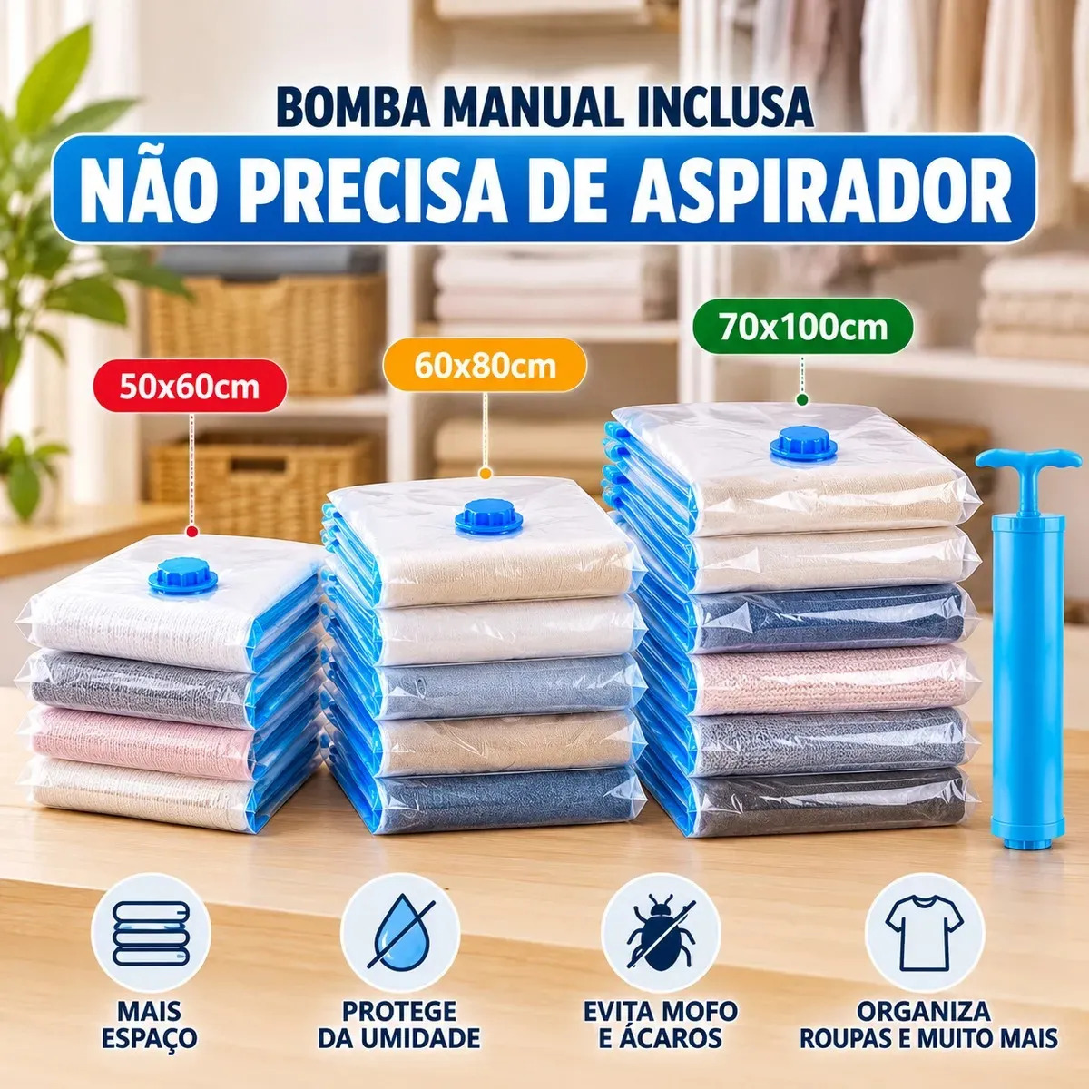 Kit 10 Sacos a Vácuo Organizador para Roupas Edredom Cobertor 3 Tamanhos Bomba Manual Pítia