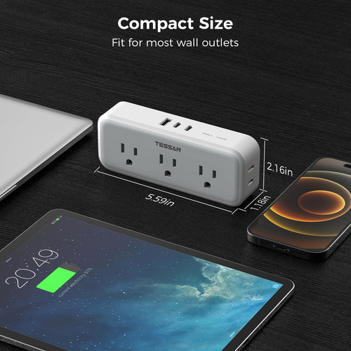 Extensor De Enchufes MĂșltiples Tessan Con 5 Enchufes Y 3 Usb
