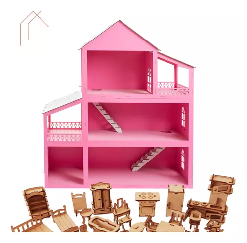 Casa Casinha Da Barbie Montada + Móveis Rosa - Colore - Casinha de