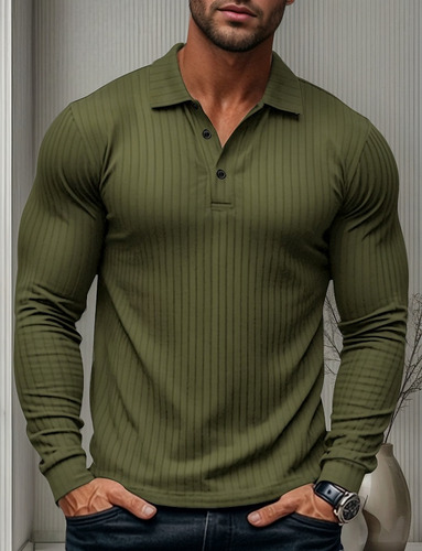Camisa Polo Casual Manga Comprida Com Lapela Botões Waffle S