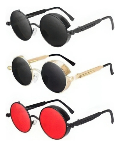 3pc Gafas Steampunk Gafas De Sol Redondas De Metal Espejo Negro Negro Negro Negro