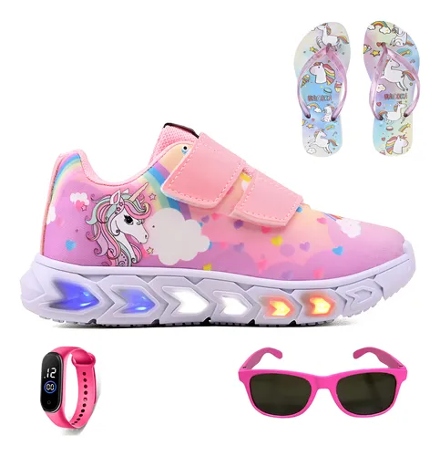 Kit Tenis Led Infantil Unicornio + Chinelo Oculos Relogio