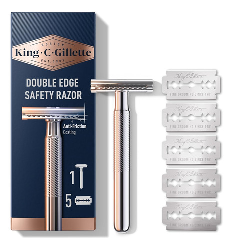Rasuradora King C. Gillette Doble Filo, Acero Inox + 5 Hojas