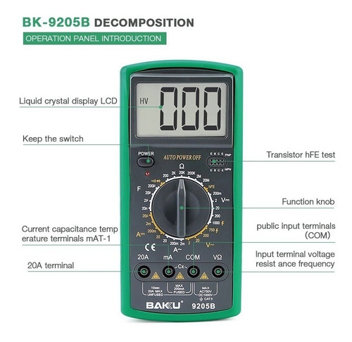 Imagen 7 de 10 de Multímetro Digital Profesional Baku Bk 9205 B 20amps
