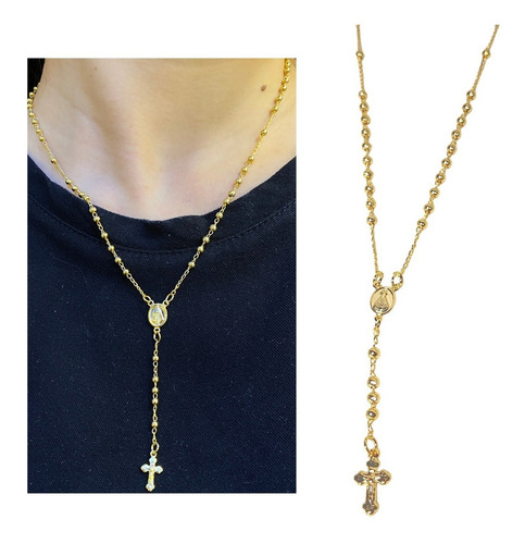 Colar Yeshua Atacado Artigos Catolicos Feminino Terço Pescoço De 45cm Feito De Folheado A Ouro - Banhado A Ouro Dourado