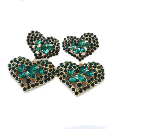 Par De Aros Metal Corazones Strass Verdes Importados