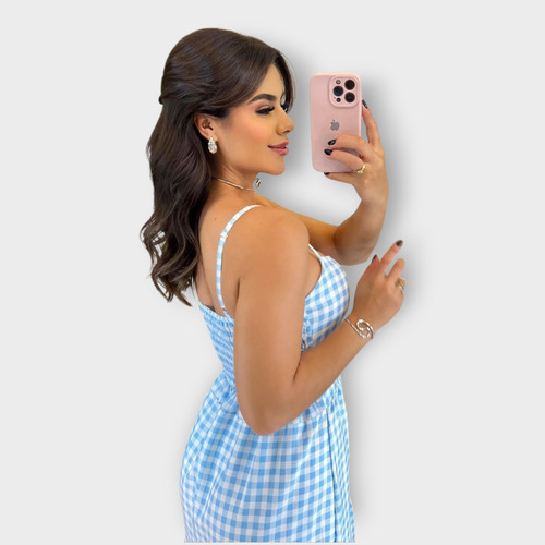 Vestido Feminino Midi Longuete Xadrez Com Lastex Alças Finas