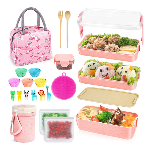 18 Pcs Bento Box Lunch Box Kit  Stackable 3in1 Compartm...