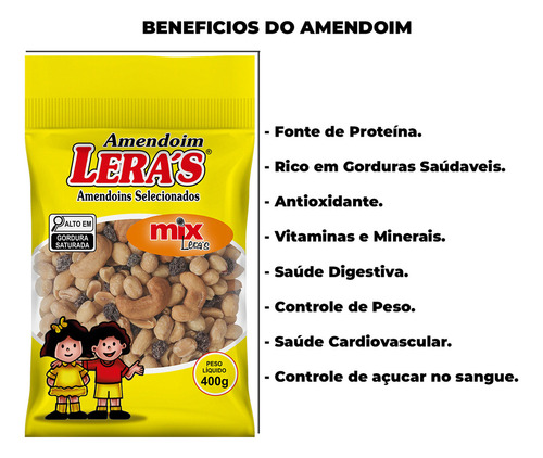 Amendoim Frito Mix Castanhas E Uva Passa Sem Pele 400g Leras