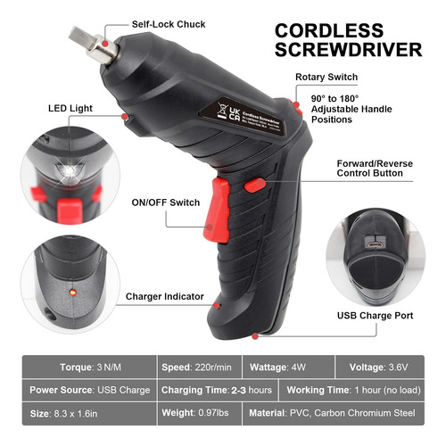 Cordless Electric Screwdriver, 3.6v Rechargeable Power Sc...