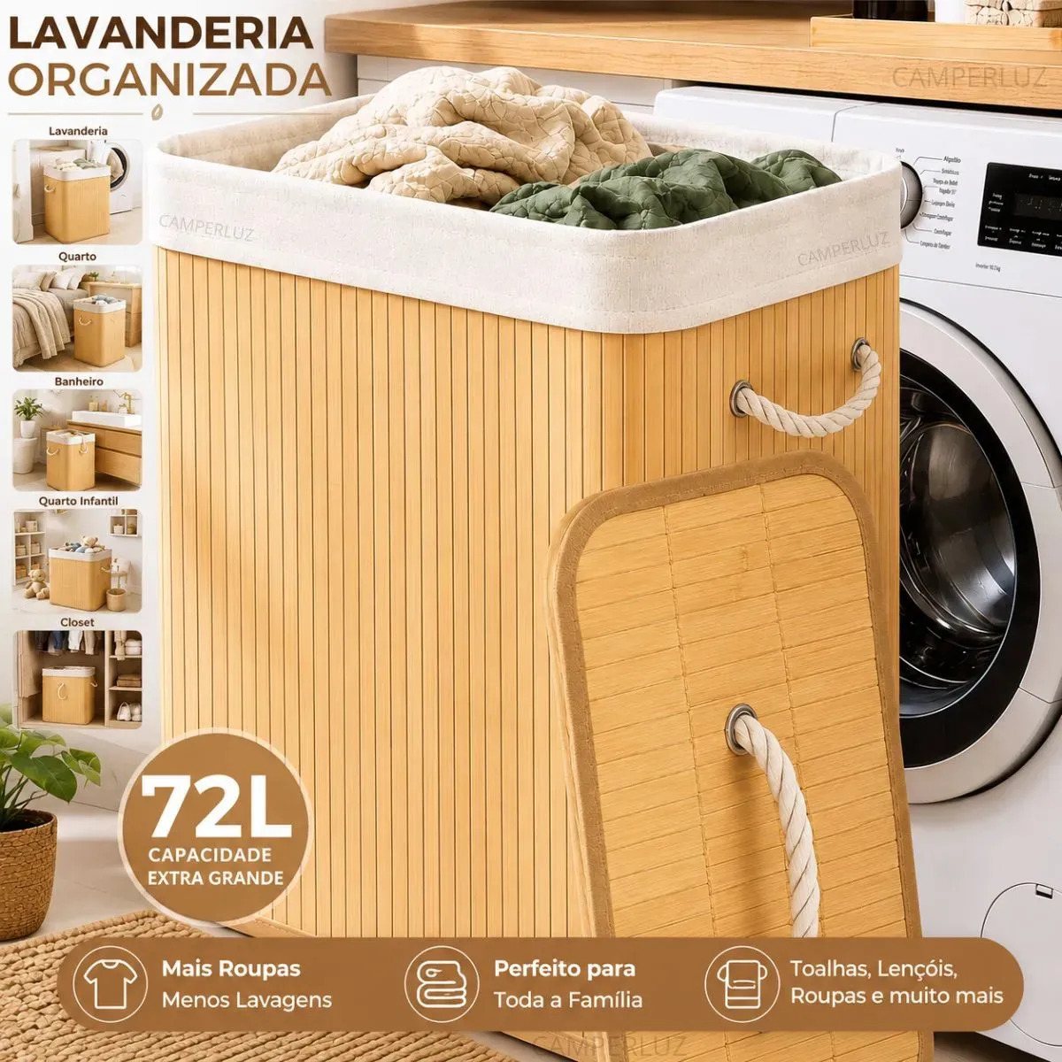 Cesto Organizador De Roupa Bambu Dobrável Retangular Com Tampa Forro e Alças 72 Litros Grande Capacidade Reforçado Caixa Organizadora para Brinquedos - Marca Camperluz