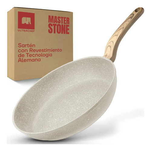 Sartén Antiadherente Línea Master Stone Piedra y Madera Ultrachef Revestimiento de Piedra de Alemania 100% libre de PFOA, para estufa de inducción, gas o eléctrica. Blanco 20 cm