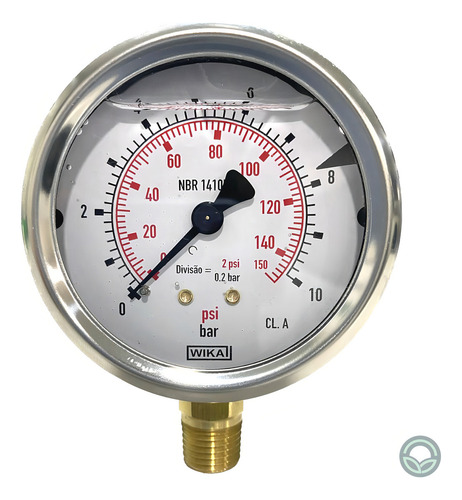Manómetro de 63 mm, con doble escala de glicerina, 150 psi x 10 kgf/cm2, conexión Wika de 1/4 Npt