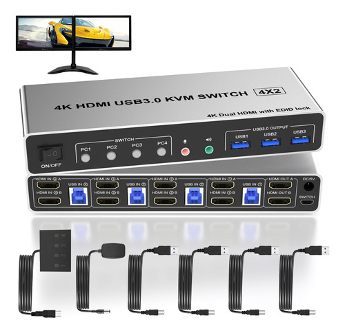 Conmutador Kvm Usb 3.0 De 4 Puertos Monitor Dual Hdmi 4k 60h