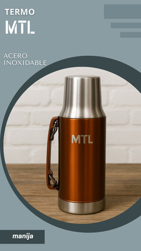 Termo Mtl 1 Litro Acero Inoxidable Pico Cebador Mate System Color Dorado Tapa Vaso Térmico Doble Pared Reforzado Alta Resistencia Líquidos Calientes Fríos