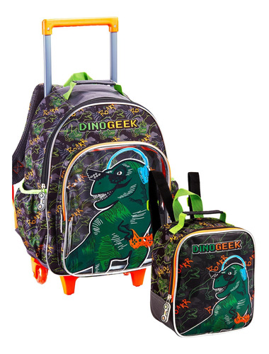 Mochila Dinossauro Rodas+costas + Lancheira Térmica