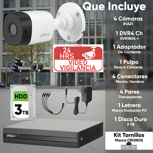 Kit Videovigilancia Cronos 4 Cámaras Dahua Bala B1a21 2mp + Hdd 3tb + Baluns + Accesorios - Kit Cctv Kit4ch-2mp-sc-3tb (dvr Dahua Xvr1b04-i Circuito Cerrado)