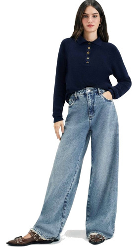 Calça Jeans Feminina Wide Leg Cintura Baixa Hering Nv Azul