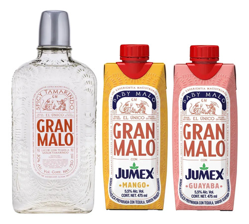 Licor Gran Malo Spicy Tamarindo 750ml + Dúo Baby Malo Jumex Sabores Mango y Guayaba de 475ml