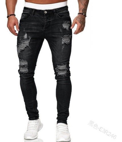 Pantalones De Mezclilla Slim De Tendencia Rotos For Hombres