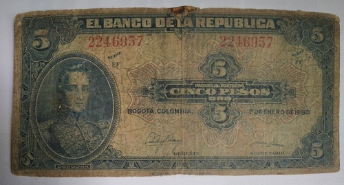 Billete De 5 Pesos Año 1950, Estado Bueno 5