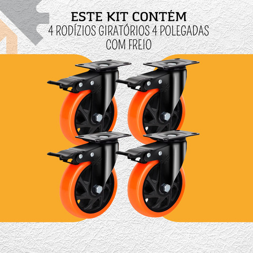 Kit 4 Rodas Rodinhas Rodízio Reforçada 100mm 4 Polegadas Giratória Com Trava - Líder Rodízios