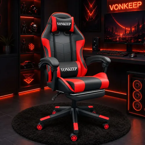 VonKeep Silla Gamer Ergonómica Oficina Roja con Reposapiés y Tira LED de 5m Reclinable Giratoria Gaming Escritorio