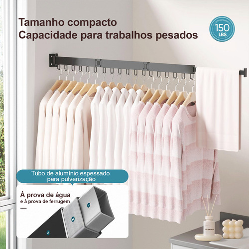 Varal De Roupa Cabideiro De Parede Metal Articulado Retrátil