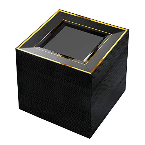 100pcs Black Square Plastic Plates With Gold Rim6inch D...