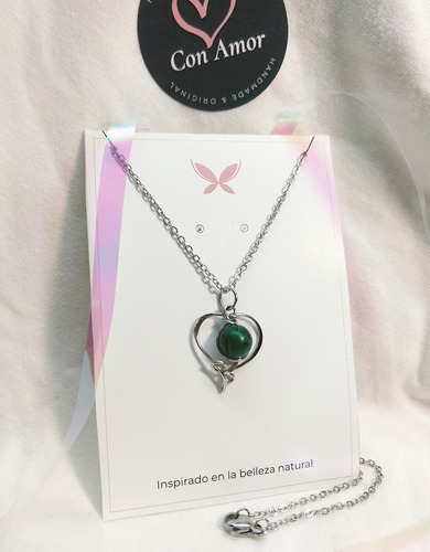 Imagen 2 de 5 de Dije Collar Cadena Con Piedra Malaquita De Acero Quirúrgico