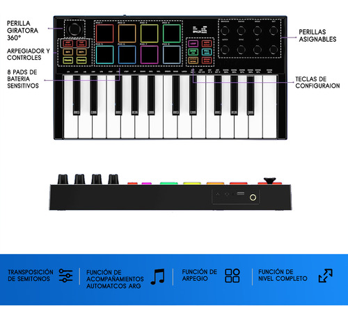 Controlador Midi Sensitivo 25 Teclas 8 Pads Expandibles