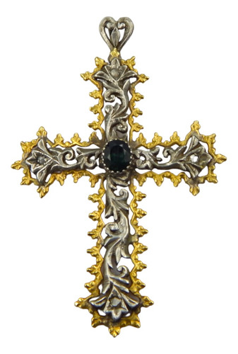  Elegante Dije Cruz De Plata Y Oro Con Cuarzo Verde 