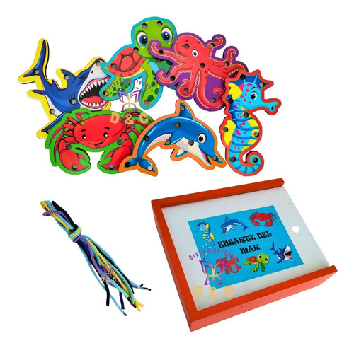 Material Didáctico Juego Niños Enhebrar Ensartar Fauna Color Animales Mar