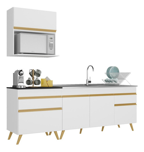 Armário De Cozinha Compacta 220cm Veneza Multimóveis V2075 Cor Branco/Dourado