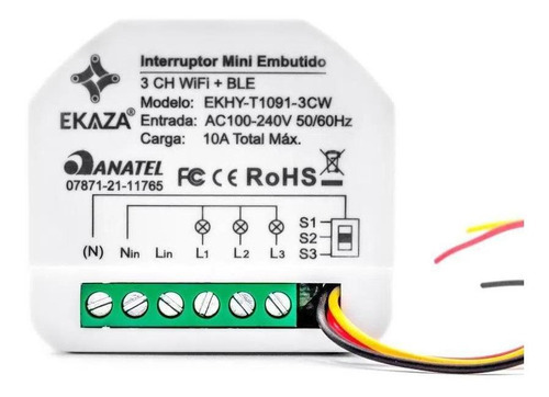 Interruptor Relé Mini Embutido Ekaza Wi-fi Ble 3 Canais 10a